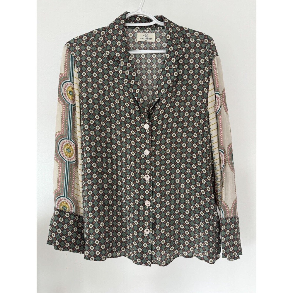 Stella Forest Geometric Blouse Button Down Art Deco Printed Small Size 38